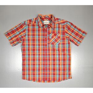 Simms‎ Button Up Shirt Mens Lrg. Red Nylon Polyester Plaid Fishing Short Sleeve.